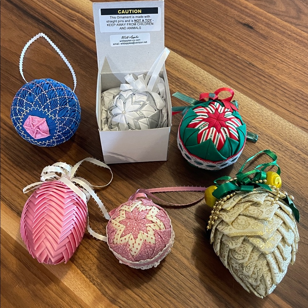 Lot of 6 Colorful Vintage Hand Quilted Christmas Ornaments